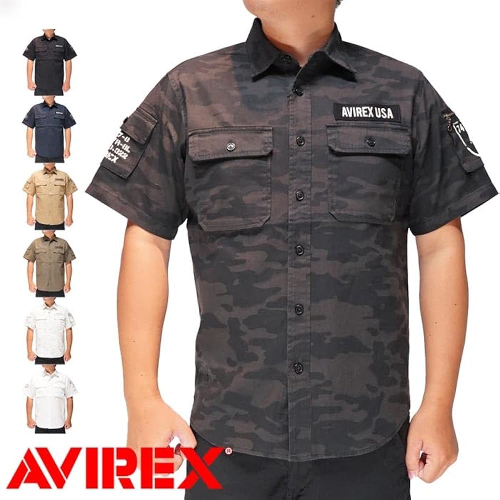 AVIREX ミリタリー　シャツ　半袖　フルジップギミック　M インディゴ　古着 ミリタリーシャツ（AVIREX）のおすすめ人気商品一覧 通販